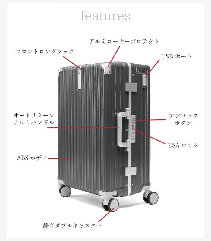 【軽量 フレーム ワンタッチオープン】機内持ち込み / Mサイズ USBポート付き スーツケース |BASILO-303 正規品