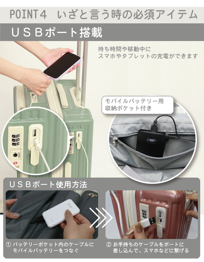 【フロントオープン・USB付き】機内持ち込み Mサイズ 軽量 スーツケース BASILO-902