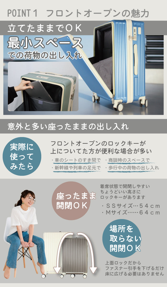 【フロントオープン・USB付き】機内持ち込み Mサイズ 軽量 スーツケース BASILO-902